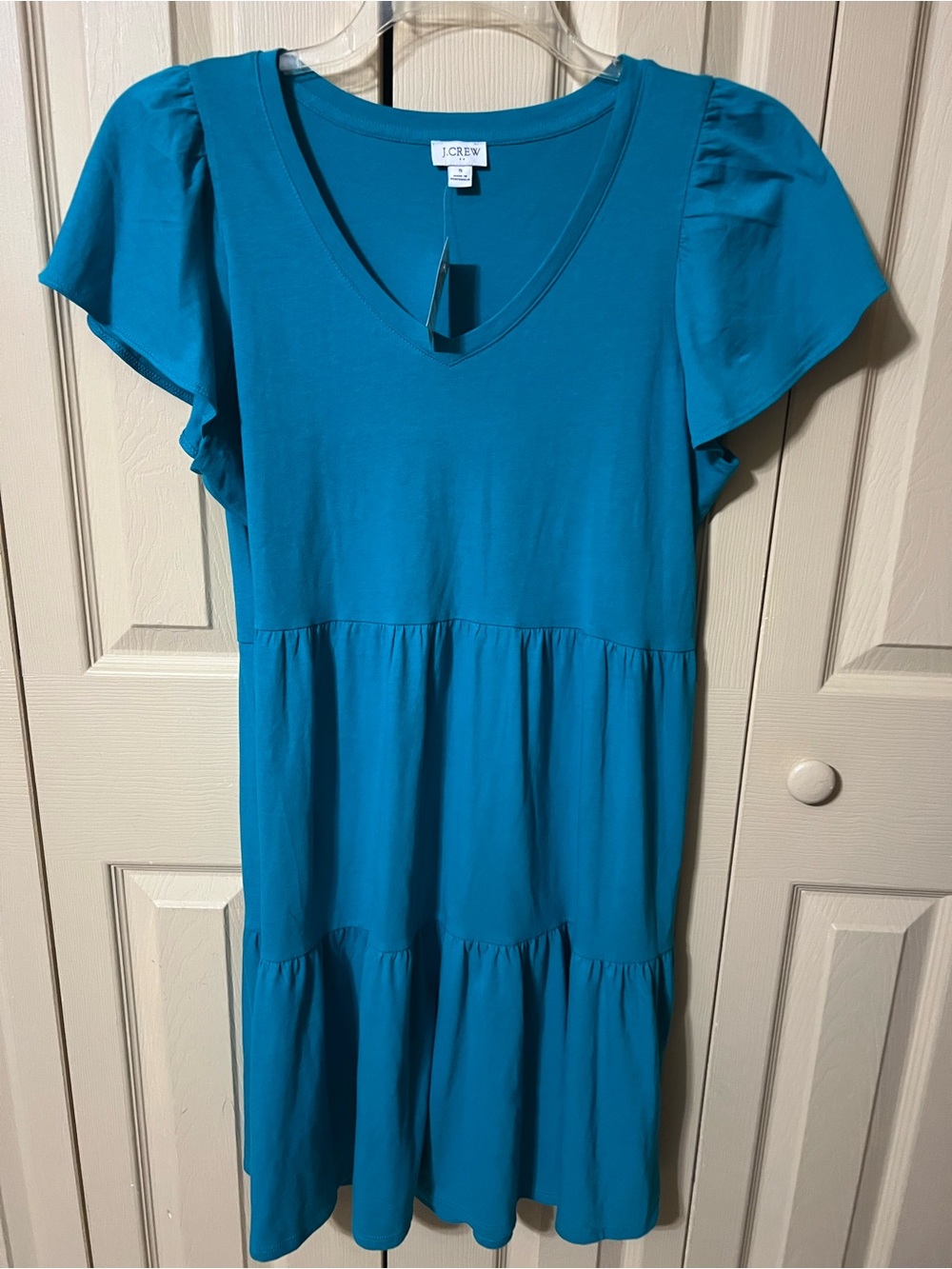 J. Crew Teal V-Neck Tiered Flutter Sleeve Knit Dress NWT Size S